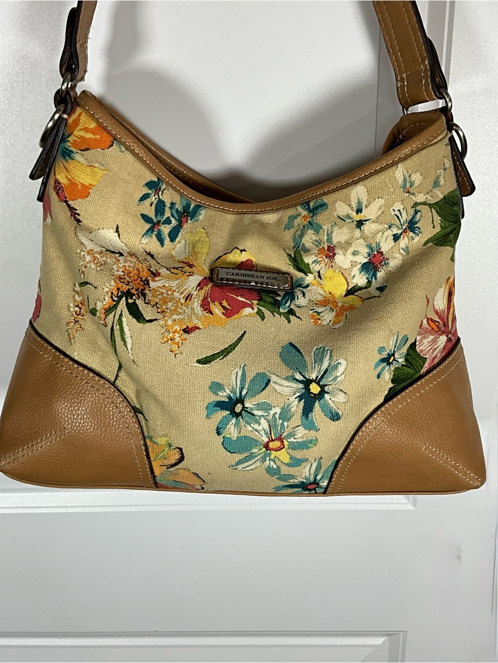Caribbean Joe Floral Canvas Hobo Shoulder Bag in Tan Faux Leather Trim